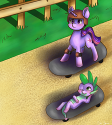 Size: 2692x3000 | Tagged: safe, artist:kysimon, imported from derpibooru, spike, twilight sparkle, helmet, knee pads, on back, skateboard, worried