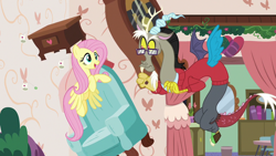 Size: 1280x720 | Tagged: safe, imported from derpibooru, screencap, discord, fluttershy, pony, discordant harmony, clothes, ginseng teabags, glasses, sweater