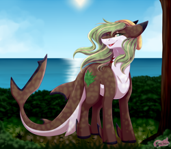 Size: 2750x2400 | Tagged: safe, artist:pinktabico, imported from derpibooru, oc, oc only, original species, shark pony, commission, female, looking down, ocean, scenery, solo, tree trunk