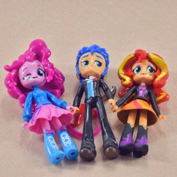 Size: 800x800 | Tagged: safe, imported from derpibooru, flash sentry, pinkie pie, sunset shimmer, equestria girls, black underwear, bootleg, boots, clothes, doll, dress, equestria girls minis, jacket, panties, shoes, skirt, toy, tuxedo, underwear, upskirt