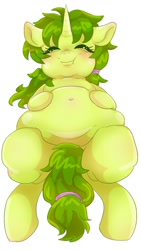 Size: 674x1199 | Tagged: safe, artist:bbtasu, imported from derpibooru, oc, oc only, pony, unicorn, belly, belly button, chubby, eyes closed, fat, female, overweight, simple background, smiling, solo, thick, white background