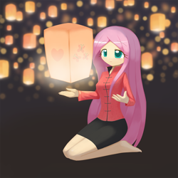 Size: 1000x1000 | Tagged: safe, artist:howxu, imported from derpibooru, fluttershy, human, clothes, cute, female, humanized, kneeling, lantern, long hair, shyabetes, smiling, solo