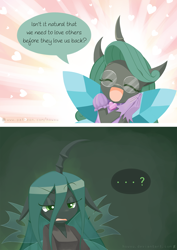 Size: 1000x1412 | Tagged: safe, artist:howxu, imported from derpibooru, queen chrysalis, anthro, changeling, changeling queen, spoiler:comic, ..., chrysalis encounters herself, chrysalis meets reversalis, clothes, comic, curved horn, cute, cutealis, daaaaaaaaaaaw, dialogue, dork, dorkalis, duo, eyes closed, female, glasses, heart, hnnng, howxu is trying to murder us, mirror universe, open mouth, question mark, reversalis, self ponidox, smiling, speech bubble, who the hell are you