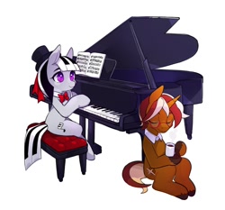 Size: 746x696 | Tagged: safe, artist:renokim, imported from derpibooru, oc, oc:city roast, oc:piana, earth pony, pony, unicorn, coffee, cute, duo, eyes closed, female, glasses, hat, male, mare, musical instrument, piano, simple background, smiling, stallion, steam, top hat, unshorn fetlocks, white background