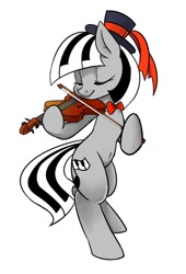 Size: 652x958 | Tagged: safe, artist:renokim, imported from derpibooru, oc, oc only, oc:piana, earth pony, pony, belly button, bipedal, bow, bowtie, eyes closed, female, hat, mare, musical instrument, simple background, smiling, solo, top hat, violin, white background