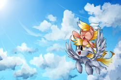 Size: 960x632 | Tagged: safe, artist:emositecc, artist:sdmlp8184, imported from derpibooru, derpy hooves, oc, oc:vi, pegasus, pony, cloud, female, filly, flying, happy, mare, philippines, ponies riding ponies, riding, sky, vi riding derpy