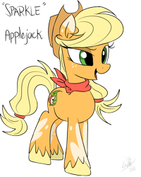 Size: 800x1000 | Tagged: safe, artist:emositecc, imported from derpibooru, applejack, earth pony, pony, comic:sparkle, alternate universe, clothes, female, hat, redesign, scarf, simple background, solo, transparent background