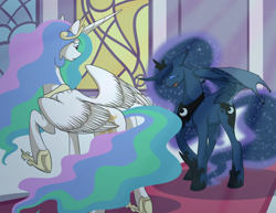 Size: 900x695 | Tagged: safe, artist:pampoke, imported from derpibooru, princess celestia, princess luna, alicorn, pony, crying, cutie mark, duo, eyes closed, female, hybrid wings, jewelry, regalia, spread wings, stained glass, story included, window, wing claws