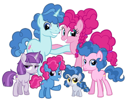 Size: 2520x2016 | Tagged: safe, artist:thecheeseburger, imported from derpibooru, party favor, pinkie pie, oc, earth pony, pony, unicorn, colt, family, female, filly, looking at you, male, mare, offspring, parent:party favor, parent:pinkie pie, parents:partypie, partypie, shipping, simple background, stallion, straight, transparent background