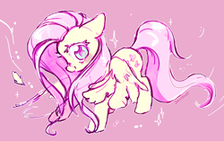 Size: 2750x1727 | Tagged: safe, artist:dawnfire, imported from derpibooru, fluttershy, pegasus, pony, cute, feather, female, floppy ears, looking at you, mare, pink background, shyabetes, simple background, smiling, solo, spread wings, wings