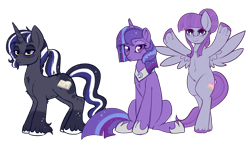 Size: 1096x634 | Tagged: safe, artist:lulubell, imported from derpibooru, oc, oc only, oc:moonlight eve, oc:serene skies, oc:somni, bipedal, glasses, magical lesbian spawn, next generation, offspring, parent:princess luna, parent:twilight sparkle, parents:twiluna, simple background, transparent background, unshorn fetlocks