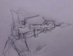 Size: 1922x1484 | Tagged: safe, artist:drawingwithapitoffriendship, imported from derpibooru, princess celestia, anthro, assault rifle, ghost in the shell, gun, rifle, traditional art, weapon