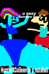 Size: 320x480 | Tagged: safe, artist:hunterxcolleen, artist:iexist1, imported from derpibooru, rainbow dash, oc, oc:stewart gary, human, 1000 hours in ms paint, big nose, bikini, black background, blank stare, clothes, crappy art, dialogue, glasses, humanized, hunterxcolleen, in a nutshell, parody, simple background, stylistic suck, swimsuit, tanktop, text, wide hips