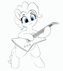 Size: 1280x1443 | Tagged: safe, artist:pabbley, imported from derpibooru, pinkie pie, earth pony, pony, 30 minute art challenge, bipedal, electric guitar, female, gibson explorer, guitar, monochrome, musical instrument, neo noir, partial color, simple background, solo, white background