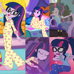 Size: 2048x2048 | Tagged: safe, imported from derpibooru, sci-twi, twilight sparkle, eqg summertime shorts, equestria girls, equestria girls series, forgotten friendship, legend of everfree, monday blues, twilight's sparkly sleepover surprise, clothes, comparison, footed sleeper, glasses, loose hair, open mouth, pajamas, perdita finn, sleepover, slippers, smiling, waving