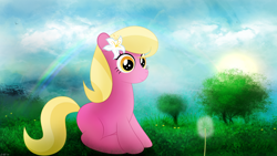 Size: 3840x2160 | Tagged: safe, artist:startledflowerpony, imported from derpibooru, lily, lily valley, pony, dandelion, female, filly, high res, rainbow, sitting, solo, tree, younger