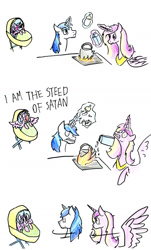Size: 1024x1692 | Tagged: safe, artist:littlesnaketail, imported from derpibooru, princess cadance, princess flurry heart, shining armor, alicorn, unicorn, bassinet, colored pencil drawing, comic, evil, face of evil, female, filly, glowing horn, magic, male, mare, satanic, stallion, telekinesis, traditional art, trio