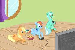 Size: 1024x683 | Tagged: safe, artist:littlesnaketail, imported from derpibooru, applejack, lyra heartstrings, rainbow dash, earth pony, pegasus, pony, unicorn, bowl, chips, controller, curtains, female, food, mare, television, trio, trio female, window