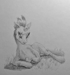 Size: 1280x1369 | Tagged: safe, artist:joestick, imported from derpibooru, fizzlepop berrytwist, tempest shadow, butterfly, pony, unicorn, my little pony: the movie, broken horn, chest fluff, eye scar, female, grass, lying, lying in grass, mare, pencil drawing, reformed, scar, simple background, smiling, solo, traditional art