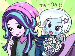 Size: 735x551 | Tagged: safe, artist:quizia, imported from derpibooru, starlight glimmer, trixie, equestria girls, beanie, cropped, cute, diatrixes, female, flower, glimmerbetes, hat, heart, lesbian, shipping, startrix