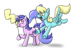 Size: 1500x1000 | Tagged: safe, artist:timsplosion, imported from derpibooru, sassaflash, sea swirl, seafoam, pegasus, pony, unicorn, background pony, balloon, commission, cute, female, flying, hoof hold, lesbian, mare, one eye closed, raised hoof, sassaswirl, shipping, simple background, transparent background, underhoof, wink