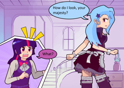 Size: 1722x1221 | Tagged: safe, artist:potatoochips, edit, imported from derpibooru, trixie, twilight sparkle, human, bandage, clothes, female, humanized, lesbian, maid, shipping, translation, twixie