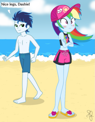 Size: 595x766 | Tagged: safe, artist:ilaria122, artist:selenaede, imported from derpibooru, rainbow dash, soarin', equestria girls, equestria girls series, beach, belly button, blushing, cap, clothes, couple, crossed arms, dialogue, equestria girls-ified, feet, female, flip-flops, geode of super speed, hat, legs, male, midriff, sandals, shipping, simple background, smiling, smirk, soarindash, straight, swimsuit