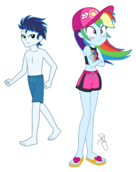 Size: 606x768 | Tagged: safe, artist:ilaria122, artist:selenaede, imported from derpibooru, rainbow dash, soarin', equestria girls, equestria girls series, belly button, blushing, cap, clothes, couple, crossed arms, equestria girls-ified, feet, female, flip-flops, geode of super speed, hat, legs, male, midriff, sandals, shipping, simple background, soarindash, straight, swimsuit, transparent background