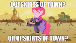 Size: 977x550 | Tagged: safe, edit, edited screencap, imported from derpibooru, screencap, pinkie pie, earth pony, pony, over a barrel, bipedal, caption, clothes, dancing, female, fishnets, image macro, mare, meme, saloon dress, saloon pinkie, skirt, solo, upskirt