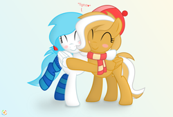 Size: 6600x4500 | Tagged: safe, artist:potato22, imported from derpibooru, oc, oc only, oc:mareota, oc:winter white, absurd resolution, blushing, clothes, duo, female, hug, mare, scarf, shading, socks, striped socks