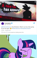 Size: 506x798 | Tagged: safe, imported from derpibooru, twilight sparkle, pony, unicorn, dragon ball, dragon ball z, facehoof, funimation, goku, meta, obligatory pony, reaction image, son goku, stop, super smash bros., text, twitter