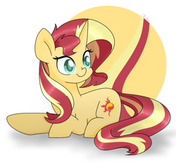 Size: 1222x1158 | Tagged: safe, artist:chautung, imported from derpibooru, sunset shimmer, pony, unicorn, cute, female, mare, prone, smiling, solo