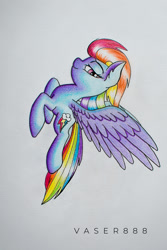 Size: 600x900 | Tagged: safe, artist:vaser888, imported from derpibooru, rainbow dash, ear fluff, female, flying, lidded eyes, looking at you, simple background, smiling, solo, traditional art, windswept mane