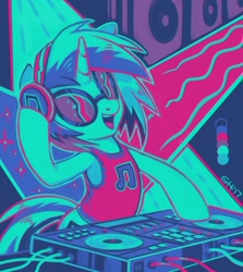 Size: 952x1065 | Tagged: safe, artist:sorcerushorserus, imported from derpibooru, dj pon-3, vinyl scratch, pony, unicorn, armpits, clothes, color palette challenge, digital painting, disc jockey, female, happy, headphones, limited palette, mare, mixer, needs more saturation, shirt, smiling, solo, standing, sunglasses, tanktop, turntable