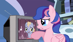 Size: 2265x1302 | Tagged: safe, artist:ktcatsbone, imported from derpibooru, oc, oc:galaxy guard, oc:hawk eye, earth pony, pegasus, pony, kindverse, base used, crying, offspring, parent:flash sentry, parent:limestone pie, parent:twilight sparkle, parent:zephyr breeze, parents:flashlight, parents:zephyrstone, story in the source, television