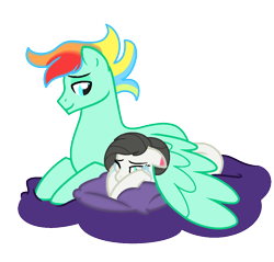 Size: 1088x1040 | Tagged: safe, artist:rainbows-skies, artist:thesmall-artist, imported from derpibooru, oc, oc only, oc:julie, earth pony, pegasus, pony, cloud, crying, eyes closed, female, floppy ears, hooves, hug, lying down, lying on a cloud, male, mare, on a cloud, pillow, prone, simple background, stallion, transparent background, winghug, wings