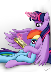 Size: 2480x3507 | Tagged: safe, artist:twidasher, imported from derpibooru, rainbow dash, twilight sparkle, alicorn, pegasus, pony, book, duo, female, hug, lesbian, reading, shipping, twidash, twilight sparkle (alicorn)