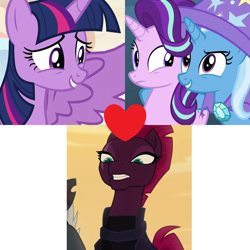 Size: 1000x1000 | Tagged: safe, artist:prideponies, imported from derpibooru, starlight glimmer, tempest shadow, trixie, twilight sparkle, alicorn, female, headcanon, lesbian, shipping, shipping domino, startrix, tempestlight, twilight sparkle (alicorn), twistarlight, twixie