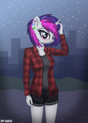 Size: 2042x2845 | Tagged: safe, artist:maxiclouds, imported from derpibooru, oc, anthro, unicorn, blushing, city, clothes, female, night, piercing, shirt, shorts, smiling, solo