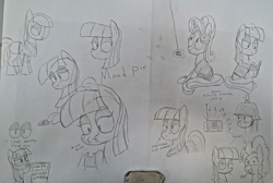 Size: 2266x1524 | Tagged: safe, artist:moonatik, imported from derpibooru, maud pie, pinkie pie, book, clothes, helmet, kite, kite flying, music, pickelhaube, radio, reading, sketch, sketch dump, smiling, stahlhelm, traditional art, when she smiles