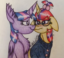 Size: 1708x1565 | Tagged: safe, artist:raritylover152, imported from derpibooru, moondancer, twilight sparkle, alicorn, blushing, chest fluff, ear fluff, female, floppy ears, lesbian, looking at each other, shipping, traditional art, twidancer, twilight sparkle (alicorn)