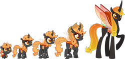 Size: 2440x1162 | Tagged: safe, artist:starryoak, imported from derpibooru, applejack, changedling, changeling, changeling queen, fanfic:the advent of applejack, fanfic:the irony of applejack, spoiler:fanfic, age progression, appleling, changedlingified, changelingified, description at source, fanfic, fanfic art, female, filly, filly applejack, freckles, orange changeling, simple background, species swap, transparent background, younger