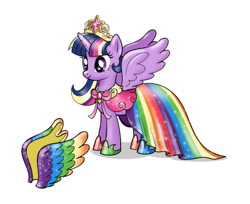 Size: 700x570 | Tagged: safe, artist:naokomullally, imported from derpibooru, twilight sparkle, alicorn, big crown thingy, clothes, colored wings, concept art, crown, dress, female, jewelry, multicolored wings, rainbow wings, regalia, shoes, simple background, solo, toy design, twilight sparkle (alicorn), white background