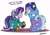 Size: 2041x1433 | Tagged: safe, artist:bobthedalek, imported from derpibooru, starlight glimmer, sunburst, trixie, pony, unicorn, bathrobe, bed mane, clothes, female, frown, glare, hat, implied shipping, implied starburst, implied straight, judging you, mare, messy mane, morning ponies, nightcap, not creepy, open mouth, robe, simple background, slippers, themed slippers, trixie is not amused, trixie's nightcap, unamused, white background, wide eyes