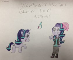 Size: 2940x2416 | Tagged: safe, artist:smurfettyblue, derpibooru exclusive, imported from derpibooru, starlight glimmer, pony, equestria girls, cutie mark, human ponidox, meme, self ponidox, starlight glimmer day, text, traditional art, wow! glimmer