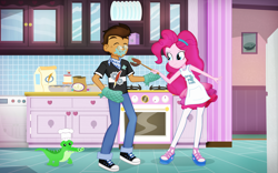 Size: 7073x4412 | Tagged: safe, artist:invisibleink, imported from derpibooru, boulder (pet), gummy, pinkie pie, oc, oc:copper plume, equestria girls, equestria girls series, absurd resolution, apron, boulder (g4), canon x oc, chef's hat, clothes, commission, commissioner:imperfectxiii, converse, copperpie, female, glasses, hat, kitchen, male, pants, pantyhose, sandals, shipping, shirt, shoes, skirt, sneakers, straight