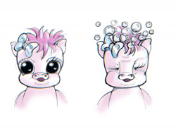 Size: 1400x1082 | Tagged: safe, artist:reginadonovan, imported from derpibooru, pony, baby, baby pony, bow, bubble, concept art, creepy, eyes closed, g3, g3.5, g3.75, heart eyes, kill it, looking at you, newborn cuties, scary face, simple background, terrifying, wat, white background, wingding eyes