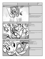 Size: 680x880 | Tagged: safe, artist:josegaribaldi, imported from derpibooru, cheerilee (g3), pinkie pie (g3), rainbow dash (g3), over two rainbows, clothes, g3.5, g3.75, monochrome, newborn cuties, once upon a my little pony time, rainbow dash always dresses in style, scarf, storyboard