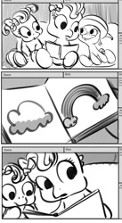 Size: 518x943 | Tagged: safe, artist:josegaribaldi, imported from derpibooru, cheerilee (g3), pinkie pie (g3), scootaloo (g3), g3.5, g3.75, monochrome, newborn cuties, once upon a my little pony time, so many different ways to play, storyboard