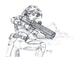 Size: 1300x1014 | Tagged: safe, artist:baron engel, imported from derpibooru, sunset shimmer, human, fanfic:ranger, armor, badass, clothes, fanfic, fanfic art, female, grayscale, gun, humanized, monochrome, patreon, patreon reward, pencil drawing, shotgun, solo, traditional art, trigger discipline, uts-15, wanderer d, weapon, x-com, xcom 2